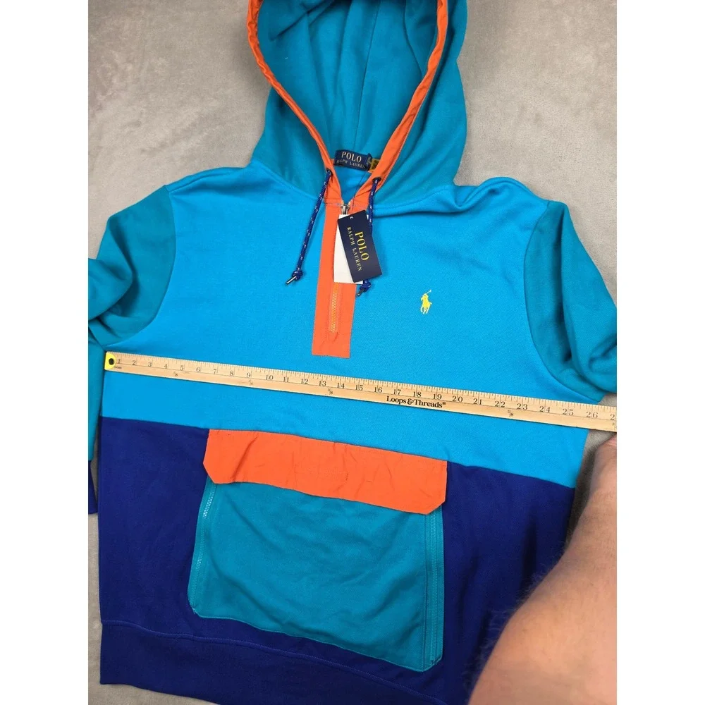 Polo Ralph Lauren Hoodie Men XL Blue Colorblock Quarter Zip Sweatshirt Pocket